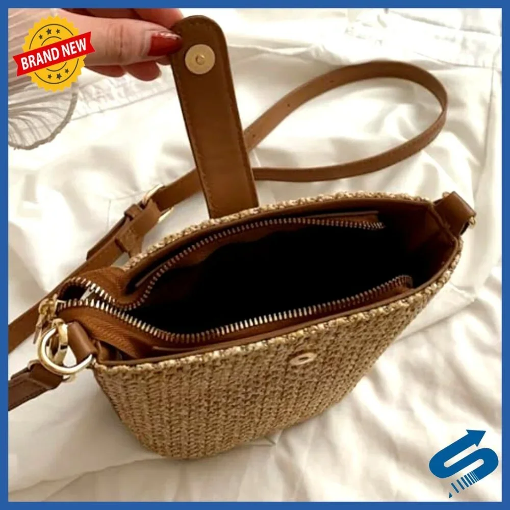 Straw Crossbody Bag Rattan Handwoven Bucket Purse Summer Boho Chic